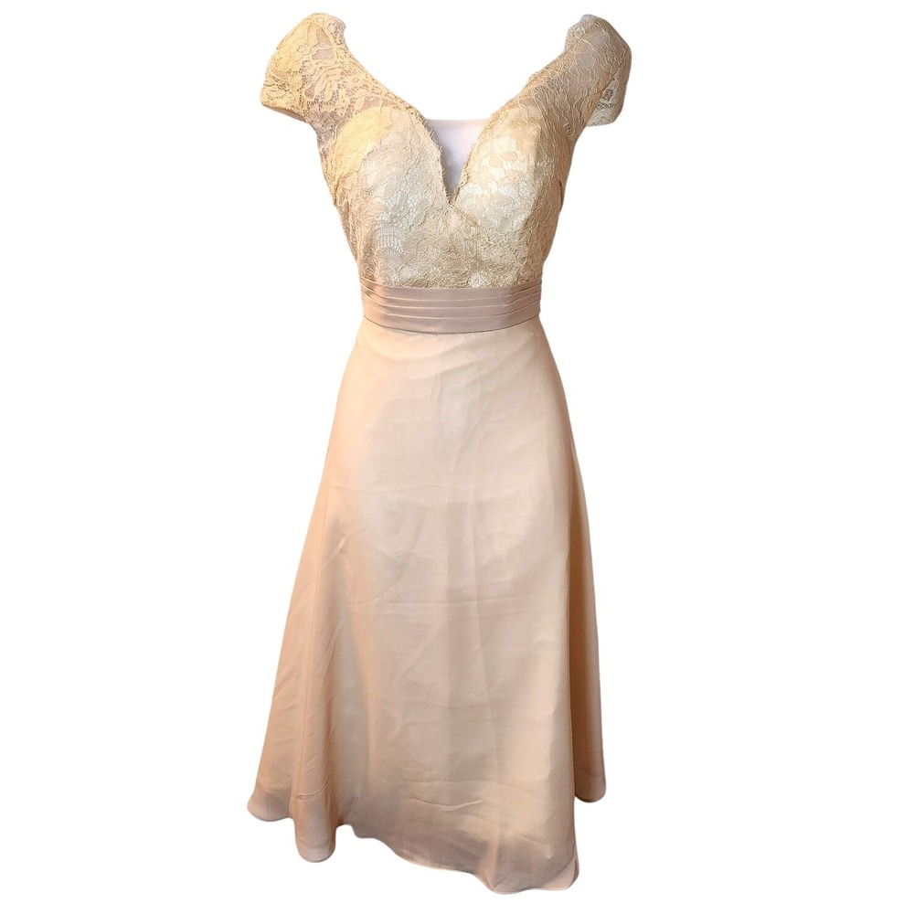 Warm‎ Notices Champagne Lace & Chiffon Cocktail Dress Size 6 Elegant V-Neck